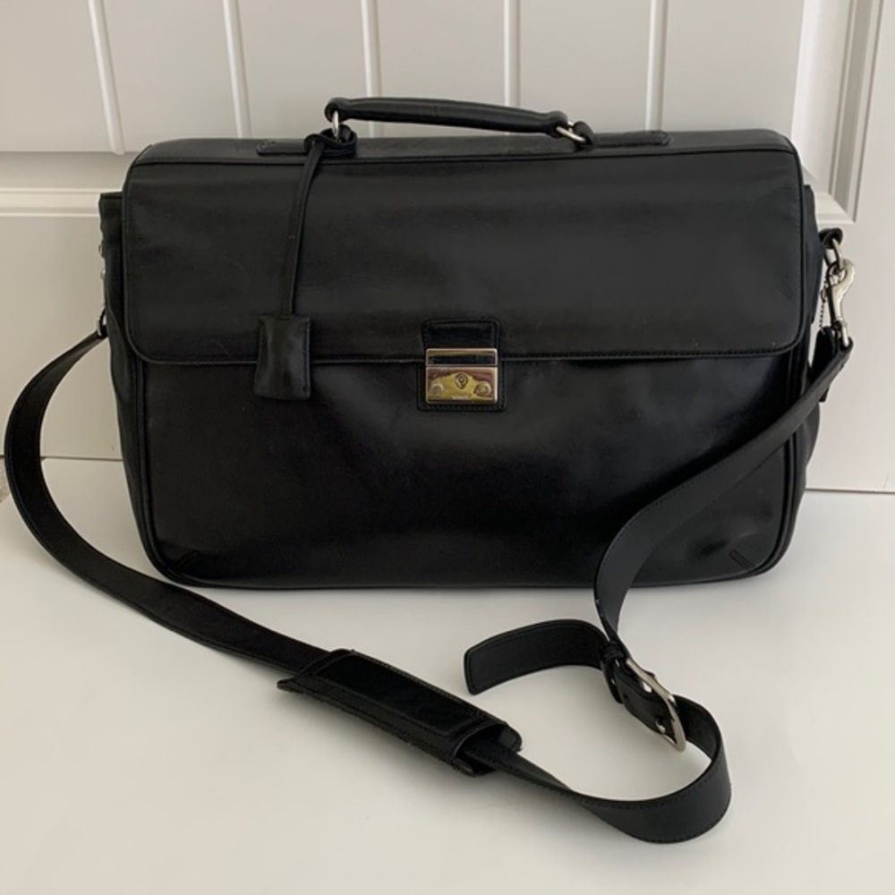 Coach Laptop Messenger Crossbody Briefcase Black Leather Lock Business Bag 5307 - Picture 1 of 16